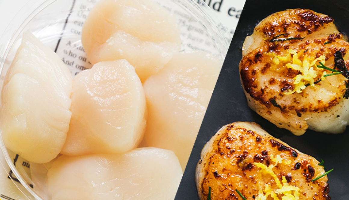 raw scallops side by side with lovely seared scallops.