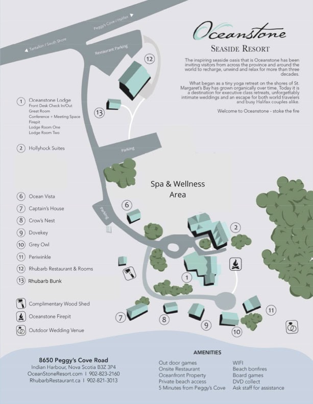 Map of tranquil Oceanstone Seaside Resort, featuring peaceful lodges and spa, ocean views, calm paths, and labeled serene spaces.