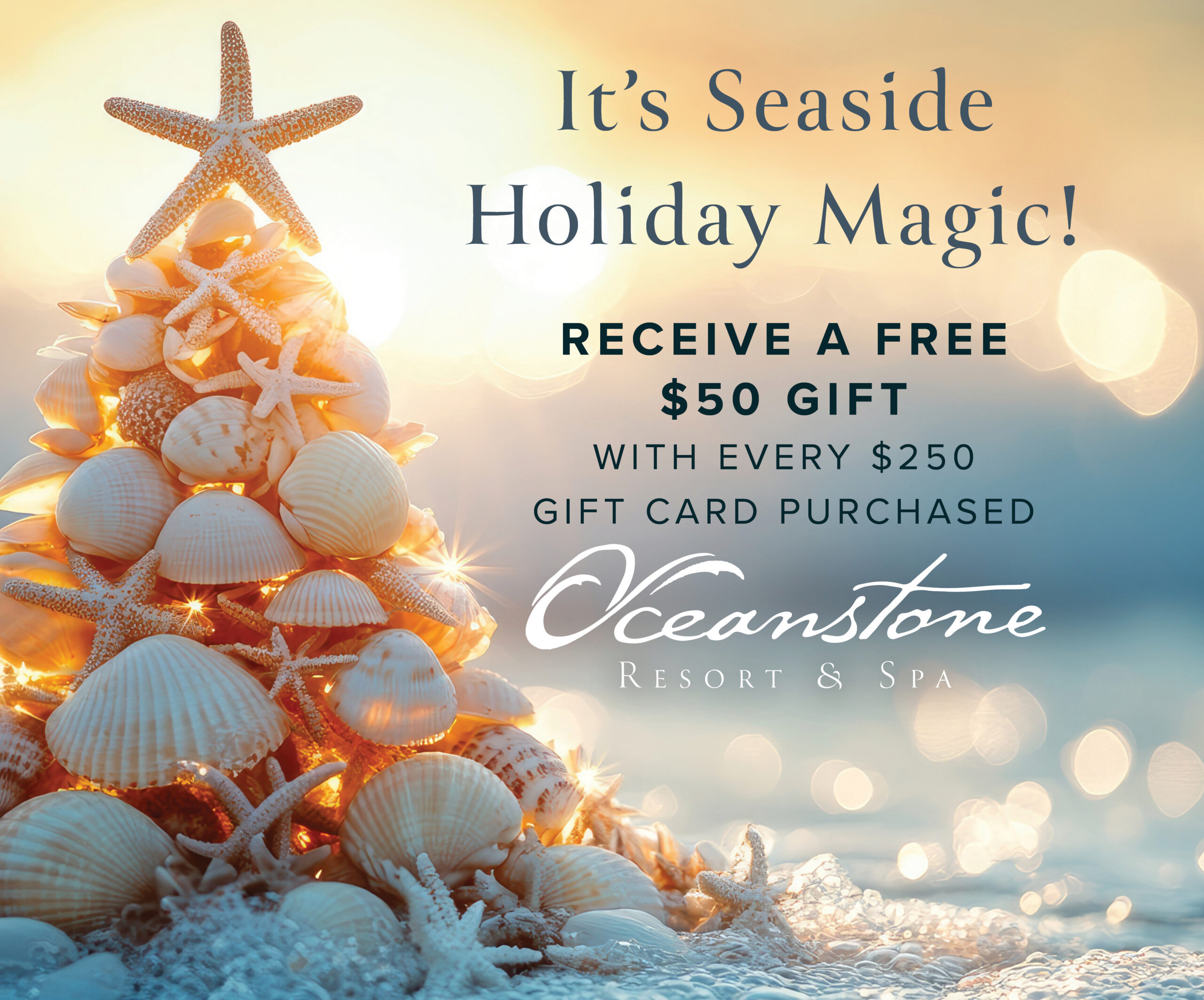 A tranquil seashell and starfish Christmas tree rests on sandy shore at sunrise by the calm sea. Oceanstone Resort & Spa offer details shown.