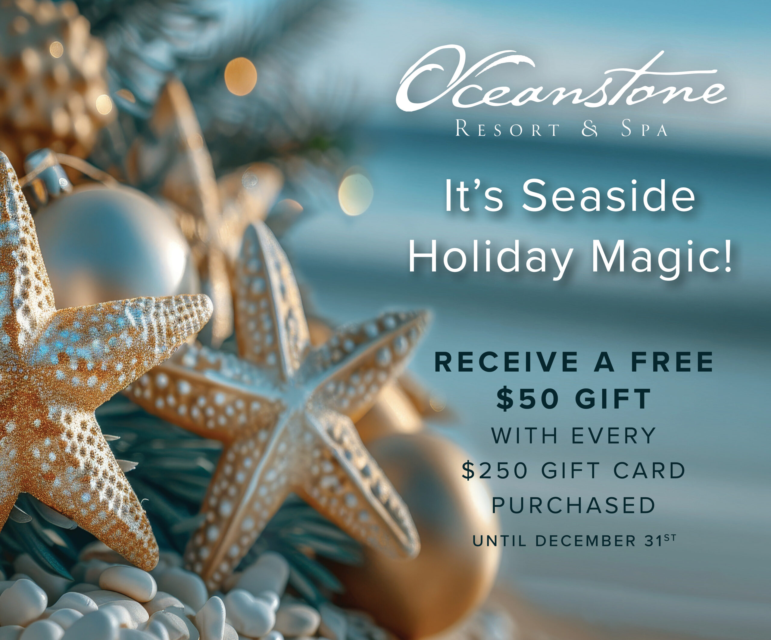image001 A serene holiday ad for Oceanstone Resort & Spa, with starfish, ornaments, pine, and a calm ocean shoreline in the blurred background.