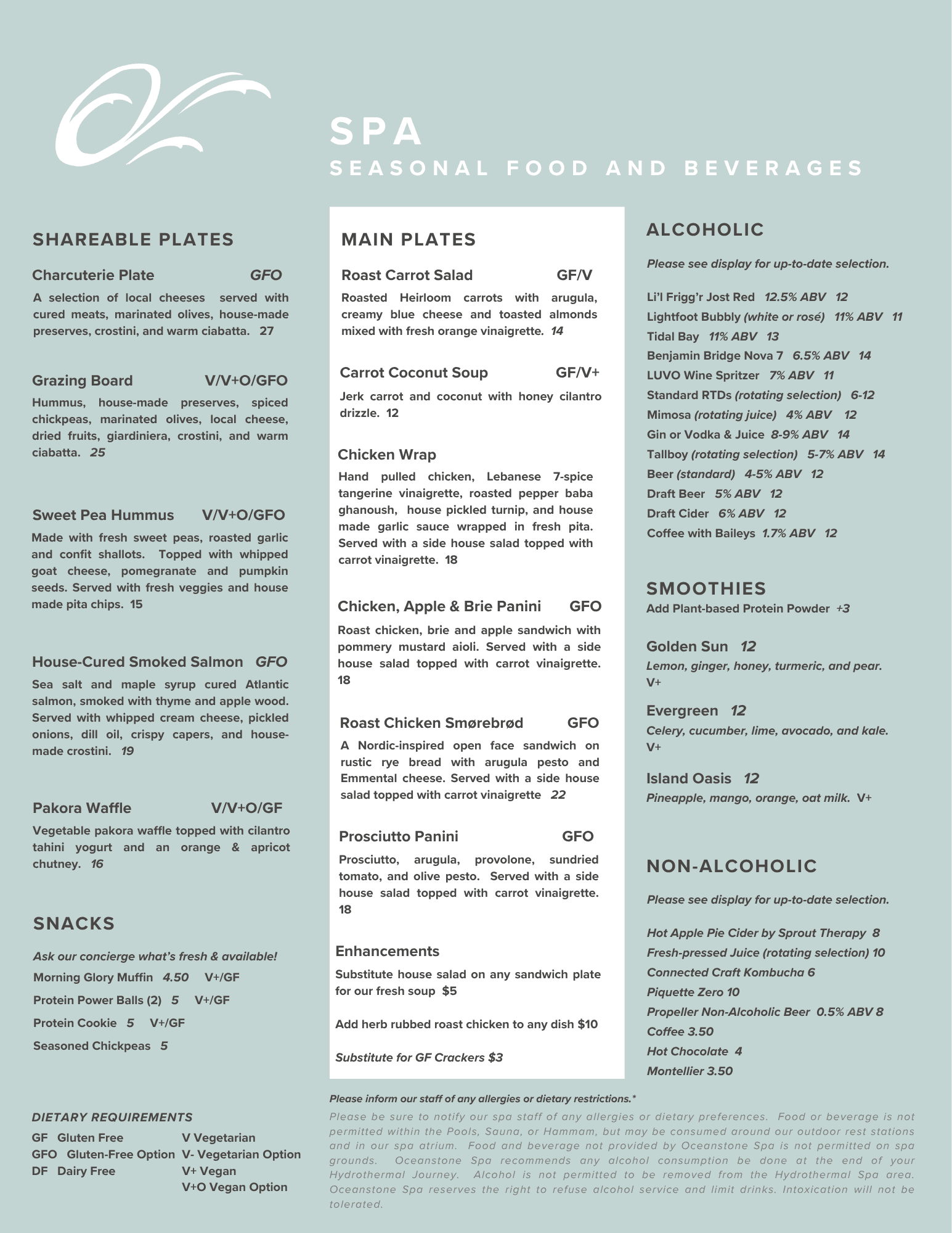 A tranquil spa menu at Oceanstone Resort, with soft green hues and elegant fonts, detailing plates, drinks, and wellness options.