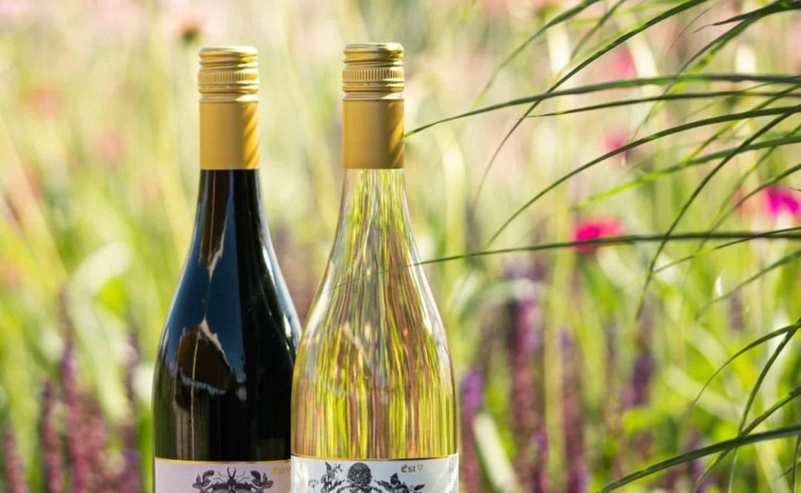 Two wine bottles with gold caps rest side by side outdoors, framed by sunlit green grass and pink flowers for a tranquil spa vibe.