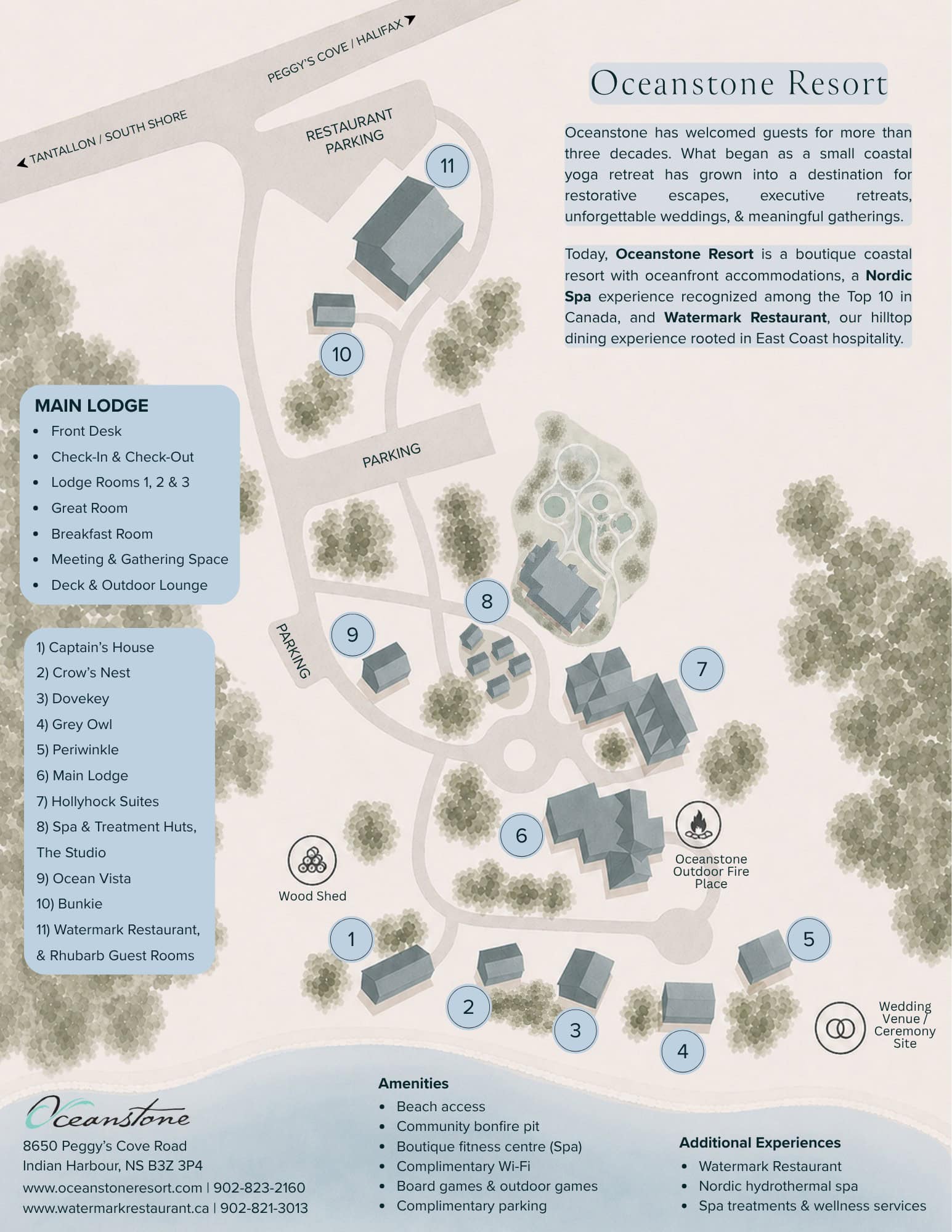 A peaceful illustrated map of Oceanstone Resort and Spa highlights cozy cottages nestled among lush trees, a welcoming main lodge, tranquil winding paths, and a serene beach. Event spaces are thoughtfully placed within the natural landscape, while ample parking ensures easy access. A legend details relaxing room names and amenities. The map also includes contact information and a brief description capturing the resort's soothing atmosphere.